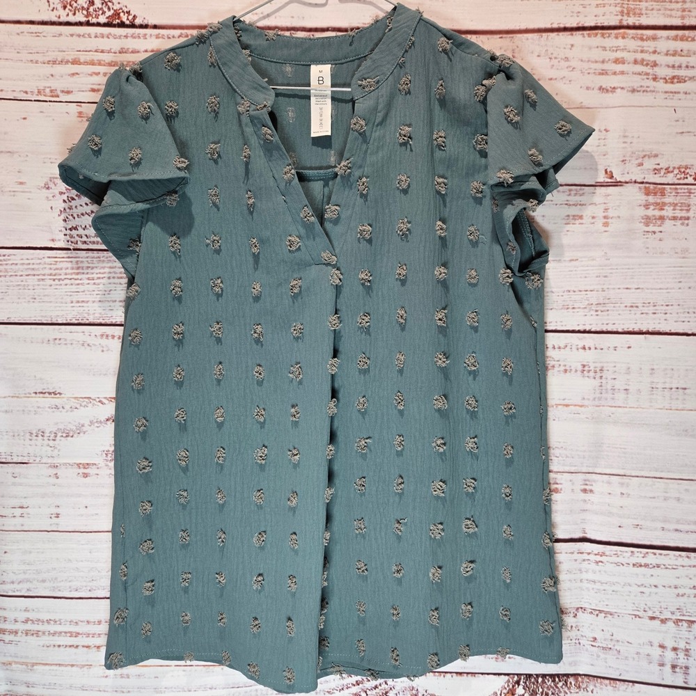 Teal Textured Boho Flutter‎ Sleeve V Neck Top NWOT Women's Medium